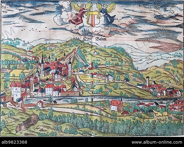 Ober Baden; hand-coloured woodcut by Sebastian Münster from the Cosmographia Universalis; Basel 1550; Switzerland; Europe.