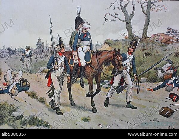 The twin battles of Jena and Auerstedt, 14 October 1806, between the forces of Napoleon I of France and Frederick William III of Prussia, wounded soldiers, historical illustration, Germany, Europe.