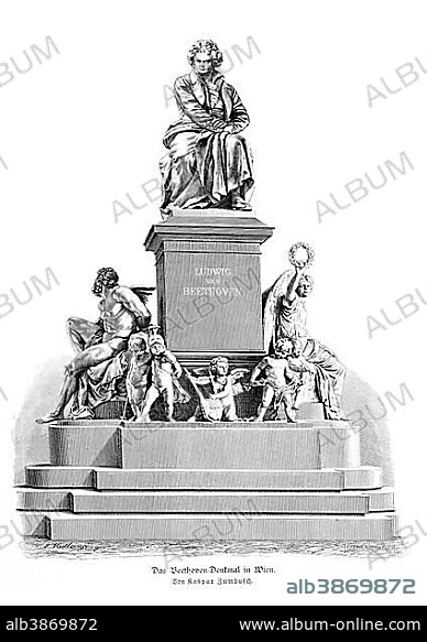 The Beethoven monument in Vienna, Austria, historical woodcut from 1880, Europe.