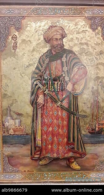 Khair ad-Din or Chaireddin, called Barbarossa by Christian Europeans (c. 1478 - 4 July 1546) was an Ottoman corsair in the Mediterranean, ruler of Algiers and admiral of the Ottoman Empire, Historical, digitally restored reproduction from a 19th century original.