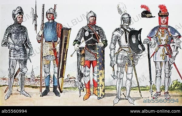 Kleidung, im 15. Jahrhundert, von lks, e französischer Plattenrüstung um 1405, französische Lakaien um 1430, e Armbrustschütze, e französischer Plattenrüstung und Helm und ee Galarüstung aus der Zeit König Ludwigs XI, 1461-1483, digital verbesserte Reproduktion eer Illustration aus dem 19. Jahrhundert, Mode, Ritterkostüme in Frankreich.