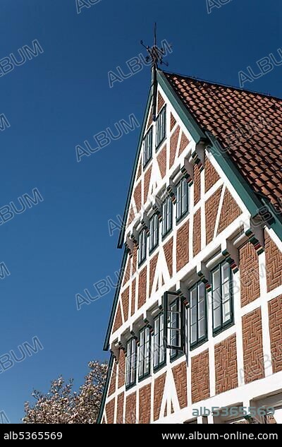 Historic town hall of Jork, Altlaender farmhouse, Altes Land region, Lower Elbe, Lower Saxony, North Germany, Germany, Europe.