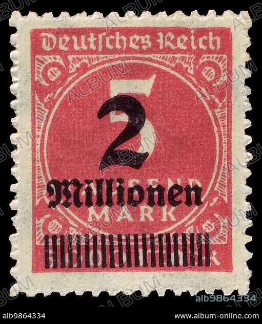 Historic stamp, German Reich, inflation, hyperinflation, inflation stamp, stamp with overprint of 2000000, Two million, Mark, 1923, Germany, Historic, digitally prepared reproduction of an original from the period, Europe.
