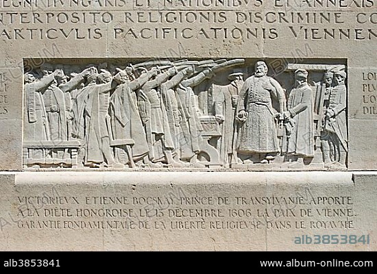 Bocskai, Protestant prince in Transylvania, hands over the peace treaty of Vienna to the Hungarian parliament in 1606, Hungary receives religious freedom, relief at the International Monument of the Reformation, 1909-1917, Geneva, Switzerland.