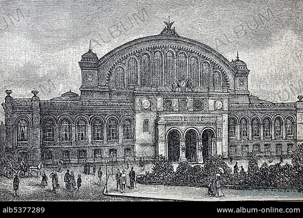 Anhalter railway station in Berlin, historical book illustration, Brockhaus Encyclopedia from 1908, steel engraving, Germany, Europe.