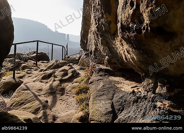 Mount Neuer Wildenstein with the Kuhstall, a very distinctive large rock cave. On the plateau above are the remains of the former Wildenstein Castle from the 13th century. From there you have an impressive view of the rear of Saxon Switzerland.Cave View.