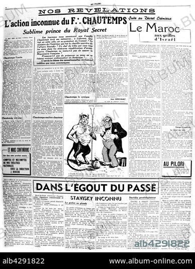 Page from the French anti-Masonic and anti-Semite newspaper 'Au Pilori'. 1940. France - World War II. Private collection. Photo12.