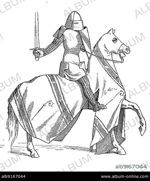 Ritter zu Pferd in voller Ausrüstung, Anfang 14. Jahrhundert, Modegeschichte, Kostümgeschichte, Historisch, digital restaurierte Reproduktion einer Originalvorlage aus dem 19. Jahrhundert.