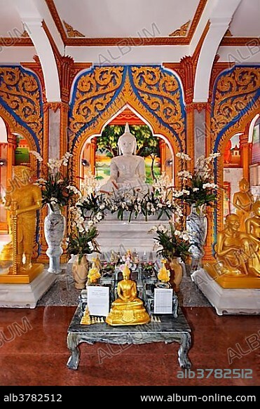 Altar with ornaments, Wat Chalong temple, Phuket, Thailand, Asia.