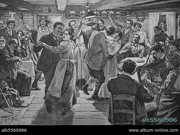 Abendbelustigung in einem Wirtshaus im Riesengebirge mit Tanz und Musik, Schlesien, Deutschland, Polen, 1899, Historisch, digitale Reproduktion einer Originalvorlage aus dem 19. Jahrhundert, Originaldatum nicht bekannt.