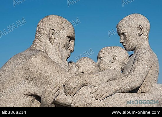 Old man and three children, granite sculpture by Gustav Vigeland, Vigeland Sculpture Park, Frognerparken, Frogner, Oslo, Norway, Europe.