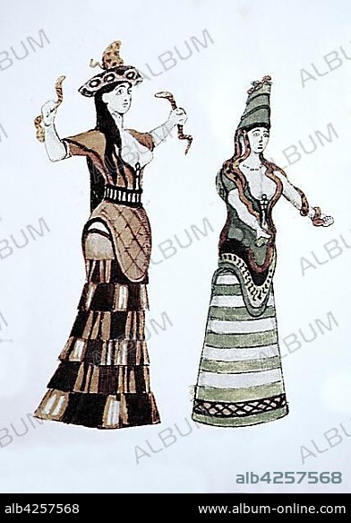 Fashion, the clothes of Mykenae, Crete and Cyprus, Aegean and Phoenician culture, 2000-500 BC, two snake goddesses with blouse bodices, illustration, Greece, Europe.