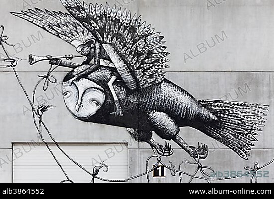 Bird riding fantasy figure, Mural by British street artist Phlegm, The Crystal Ship Festival 2017, Ostend, West Flanders, Belgium, Europe.
