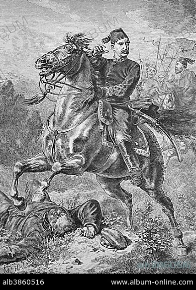 Suleiman Pasha, 1838-1892, Ottoman officer, active during the Serbian-Turkish War in 1876 and the Russo-Turkish War in 1877-1878, historic woodcut, c. 1880.