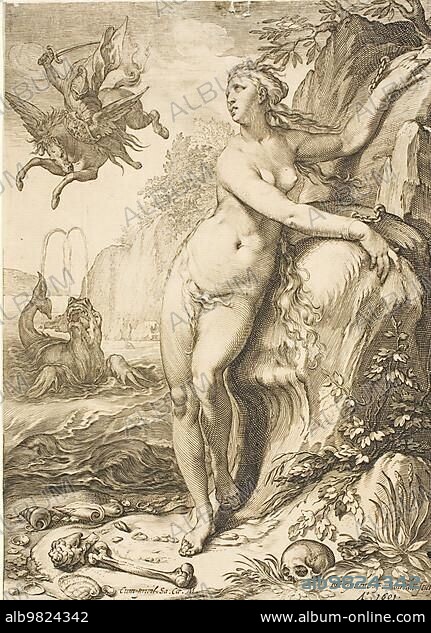 Andromeda; in Greek mythology the daughter of the Ethiopian king Cepheus and Cassiopeia; c. 1700; Historical; digitally restored reproduction from an original from prehistoric times.