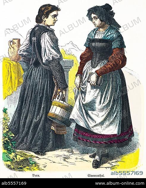 Münchener Bilderbogen, Kostüme, Bern, Simmental, Schweiz, 19. Jahrhundert, Tracht, Holzeimer, Krug, zwei Frauen, Porträt, farbige historische Illustration 1890.