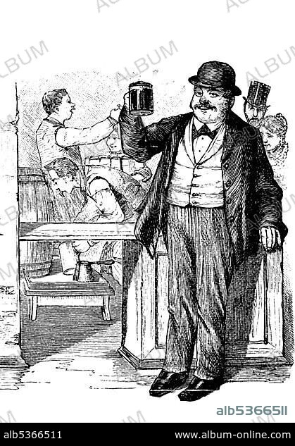 Beer drinking man, historical illustration, circa 1886.