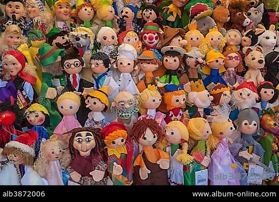 Various hand puppets Auer Dult, Munich, Upper Bavaria, Bavaria, Germany, Europe.