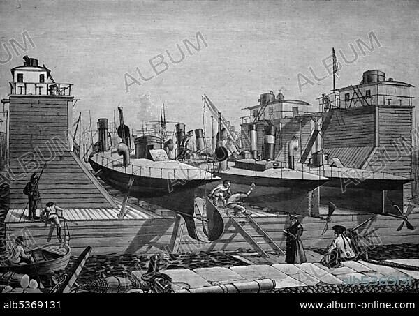 Floating dock for torpedo boats in the port of Kronstadt, Kotlin, Russia, historical illustration, circa 1886, Europe.