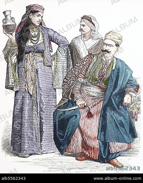 Folk traditional costume, Clothing, History of costumes, Armenian girl, Druse, Inhabitants of Damascus, Historical, Digitally restored reproduction of a 19th century original.