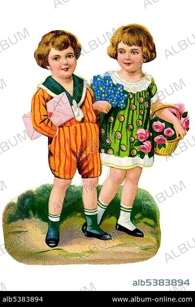 Children striped dress dots bouquet violetts mother day love faithfulness innocence virginity cute kitsch nostalgia romantic sentimental chromos ephemera cutout decorative arts victorian edwardian illustration historic history Titel ancient siblings with letter and flowers 19th century Germany.
