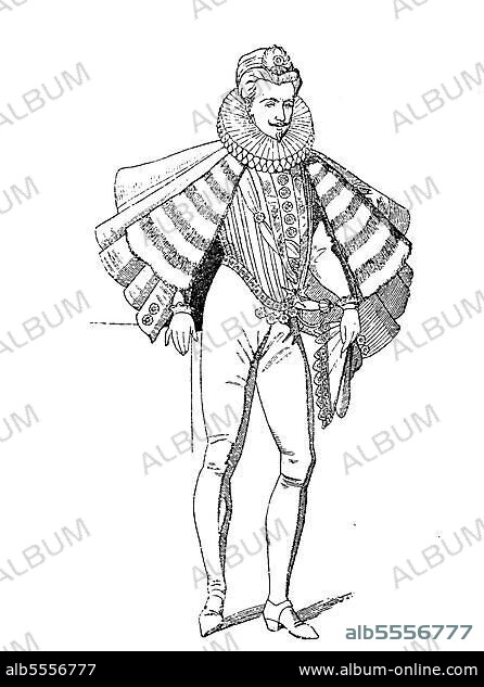 Heinrich II. Henri III. 19. September 1551, 2. August 1589, war von 1574 bis zu seinem Tod König von Frankreich und trug ein Kostüm der Les Mignons, Geschichte der Mode, Kostümgeschichte, Historisch, digital restaurierte Reproduktion einer Originalvorlage aus dem 19. Jahrhundert, genaues Originaldatum nicht bekannt.