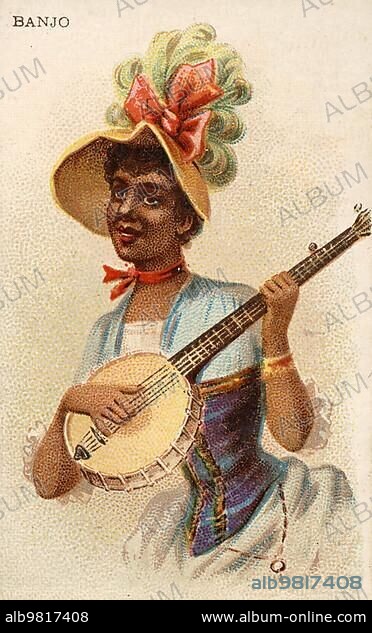 Musical instruments; Woman playing a musical instrument; Banjo; Historical; digital reproduction of a 19th century collector's picture.