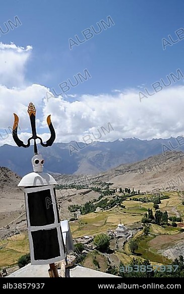 View from Likir Monastery onto the oasis of Likir and the Indus Valley with the Zanskar Range, Ladakh, India, Himalayas, Asia.