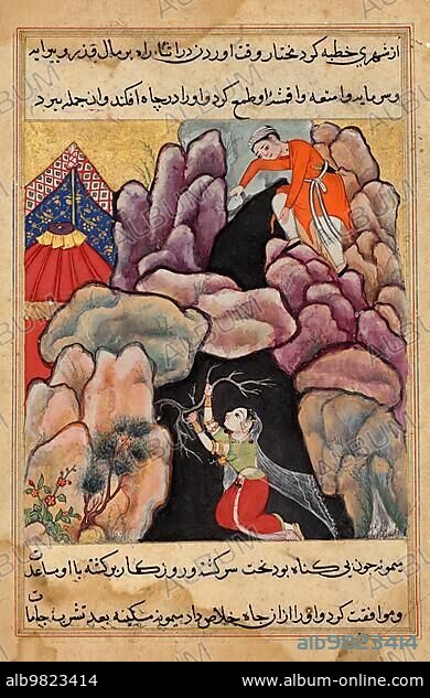 Mukhtar throws his woman Maimuna into the pit; but she saves herself; from a Tuti-nama; Tales of a Parrot. Tutinama; Tales of a Parrot; is a series of 52 stories in Persian from the 14th century; in the 16th century Mughal Emperor Agbar commissioned an illustrated version; Twenty-fifth Night; c. 1560. Mughal India; Court of Akbar (ruled 1556-1605) .; Historical; digitally restored reproduction from an original of the period.