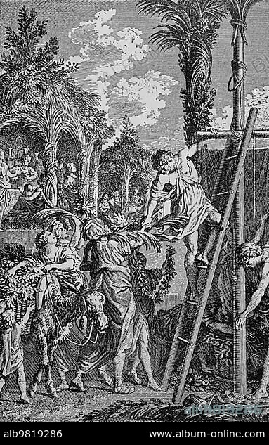 The Feast of Tabernacles; Fifth Book of Moses; Chapter 16; Verses 13-15; Old Testament; Bible; seven days; feast; ladder; outdoors; many people; donkeys; children; joy; arbours; branches; decorated; God; bless; historical illustration 1890.