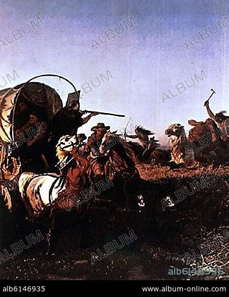 INDIOS ATACANDO A UNA CARAVANA DE COLONOS.