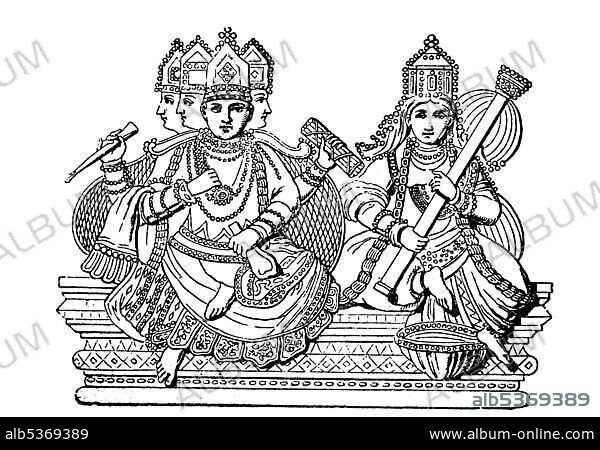 Brahma and Saraswati, Hindu gods, India, woodcut from 1880, Asia.