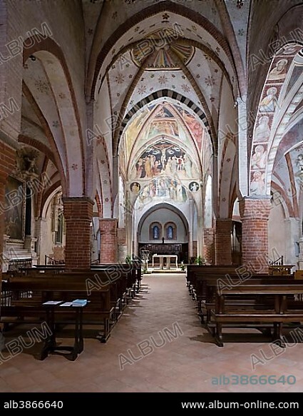 Viboldone Abbey, nave and choir with frescoes, circa 1350, Gothic, Giottesque school, San Giuliano Milanese, Lombardy, Italy, Europe.