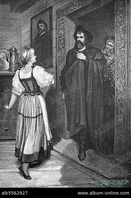 Senta sees the Dutchman, scene from The Flying Dutchman, play by Richard Wagner, after a painting by Ferdinand Leeke, Historic, digital reproduction of an original from the 19th century.