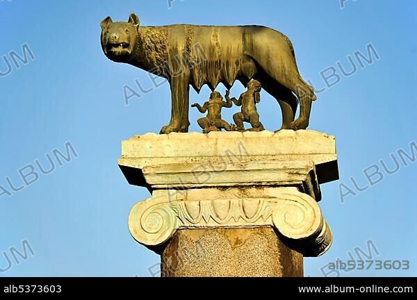 Capitoline Wolf with Romulus and Remus on the Senatorial Palace, Capitol square, Piazza del Campidoglio, Capitoline Hill, Rome, Lazio, Italy, Europe.