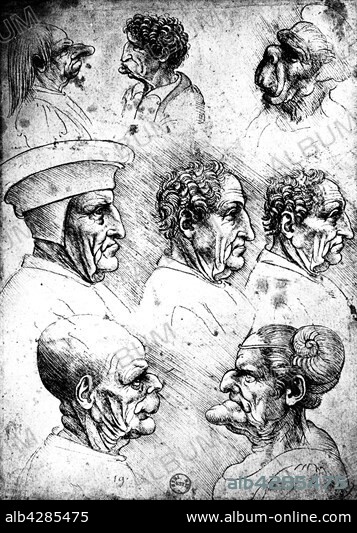 Leonardo da Vinci. Italian school. Grotesque Heads. 1502. Chalk drawing published in 'Sketches and studies of grotesque heads'. The original drawing is located at the Royal Library at Windsor Castle.. Oxford, Bodleian Library. Leonardo da Vinci (1452-1519).