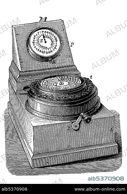 Telegraph, Zeigertelegraf produced by Charles Wheatstone, 1880, historical woodcut, Germany, Europe.