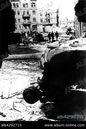 The ruins of Breslau (now Wroclaw, Silesia), Poland, at the end of the siege of the city by the Red Army, in April 1945. . To the right, the wreck of a Soviet motorized assault cannon.