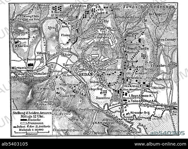 Map of the Battle of Sedan, 1st September 1870, historical illustration, Meyers Konversations-Lexikon encyclopedia, 1897.
