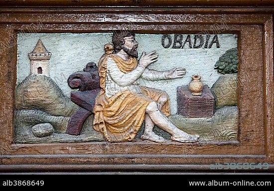 The prophet Obadiah, wood carving, Alte Lateinschule Alfeld building, Alfeld, Lower Saxony, Germany, Europe.