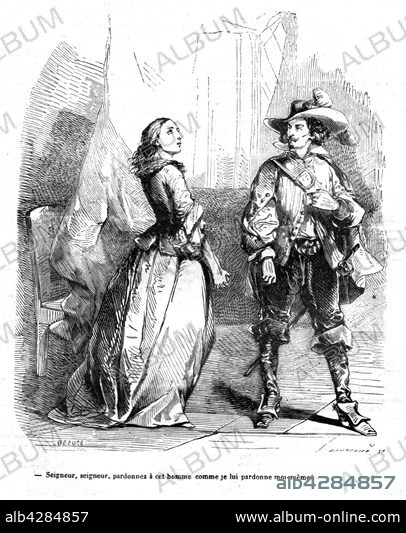 The Three Musketeers. Lord de Winter and Milady. Engraving, 19th century . Alexandre Dumas. Private collection.