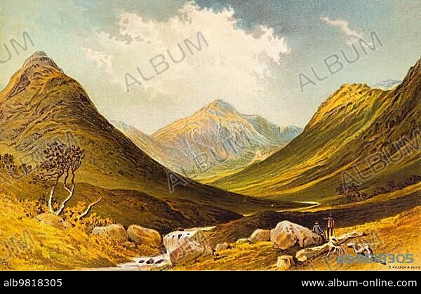 Glen Sennox; Isle of Arran; Inner Hebrides; valley; brook; nature; mountain landscape; two walkers; highland; rocks; sunshine; coloured historical illustration 1889; Scotland; Great Britain.
