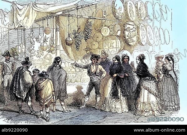 Fruit merchants and nougat traders at Christmas 1880 on the Plaza Mayor in Madrid, Spain, Historic, digitally restored reproduction of a 19th century original, Europe.