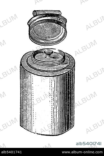 Preserving can from sheet metal, historical illustration from: Marie Adenfeller, Friedrich Werner: Illustrated cooking and housekeeping book, Friedrichshagen 1899-1900, p. 188, Fig. 275.
