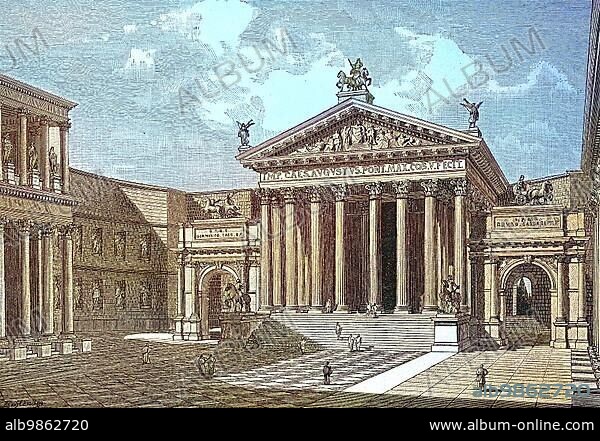 The Forum of Augustus, Italian: Foro di Augusto, is one of the imperial fora of Rome, Italy, built by Augustus, reconstruction by G. Rehlender, digital improved reproduction of an original print from the 19th century, Europe.