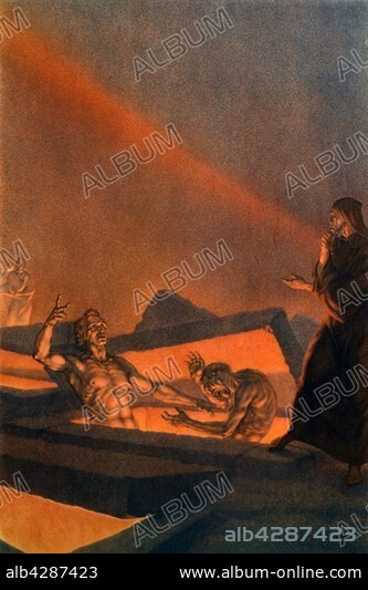 Amos Nattini (1892-1985), "The Divine Comedy" by Dante Alighieri (1265-1321). Inferno, Canto X, Circle 6: Heresy. Heretics are trapped in flaming tombs. Dante converses with Farinata degli Uberti and Cavalcante de Cavalcanti (father of the poet Guido Cavalcanti), two Epicurian Florentines in one of the tombs.. Private collection.. In 1921, for Dante Aligheri's 600th anniversary of death, the Istituto Nazionale Dantesco chose Amos Nattini to illustrate The Divine Comedy. The illustrations have been published in 1923.