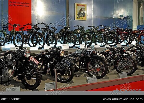Showroom for motorcycles from the 40s and 50s in the Museum for Industrial Culture, Aeussere Sulzbacher Strasse 60-62, Nuremberg, Middle Franconia, Bavaria, Germany, Europe.
