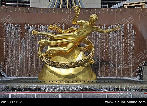 Golden statue of Prometheus by Paul Manship, midtown, Rockefeller Plaza, Manhattan, New York City, USA, North America.