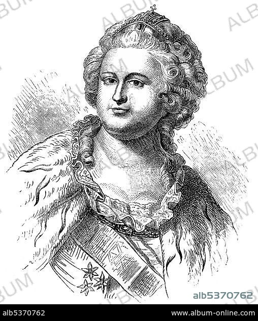 Historical drawing from the 19th century, portrait of Catherine II or Catherine the Great, 1729 - 1796, Empress of Russia, Duchess of Holstein-Gottorp and Ruler of Jever.
