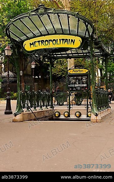 Entrance to the Metro, designed by Hector Guimard, Abbesses metro station, Paris, Ile-de-France, France, Europe.